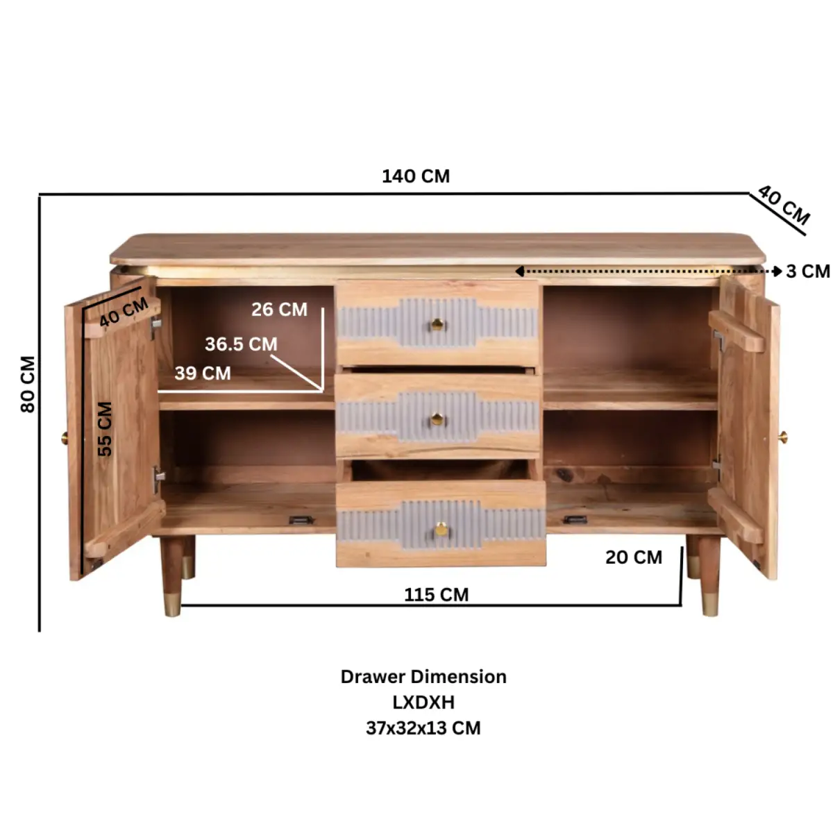 Indian Hub Wilton Acacia Wood 2 Doors 3 Drawers Sideboard - Sideboard