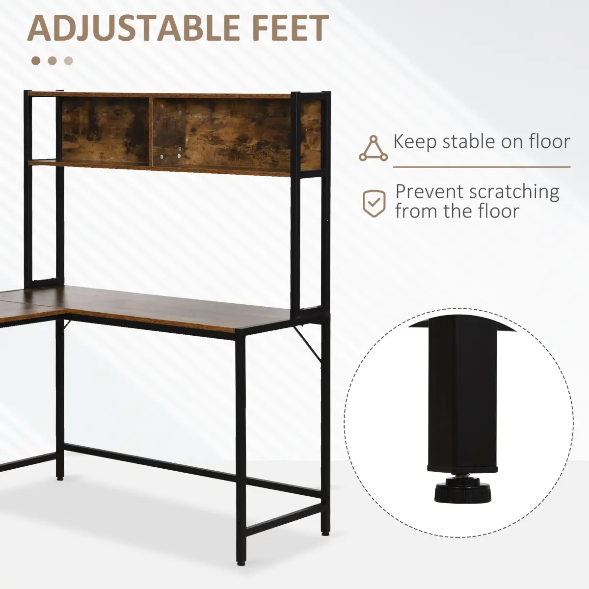 HOMCOM 149x140x125cm Industrial L-Shaped Desk w Shelf - Brown & Black - Desk