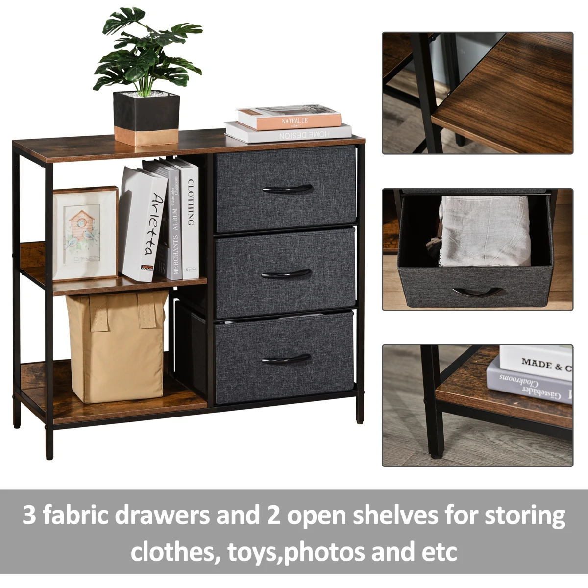 HOMCOM Durable Chest Dresser with 3 Drawers, Shelves, and Metal Frame for Home Organization Solutions by Homcom