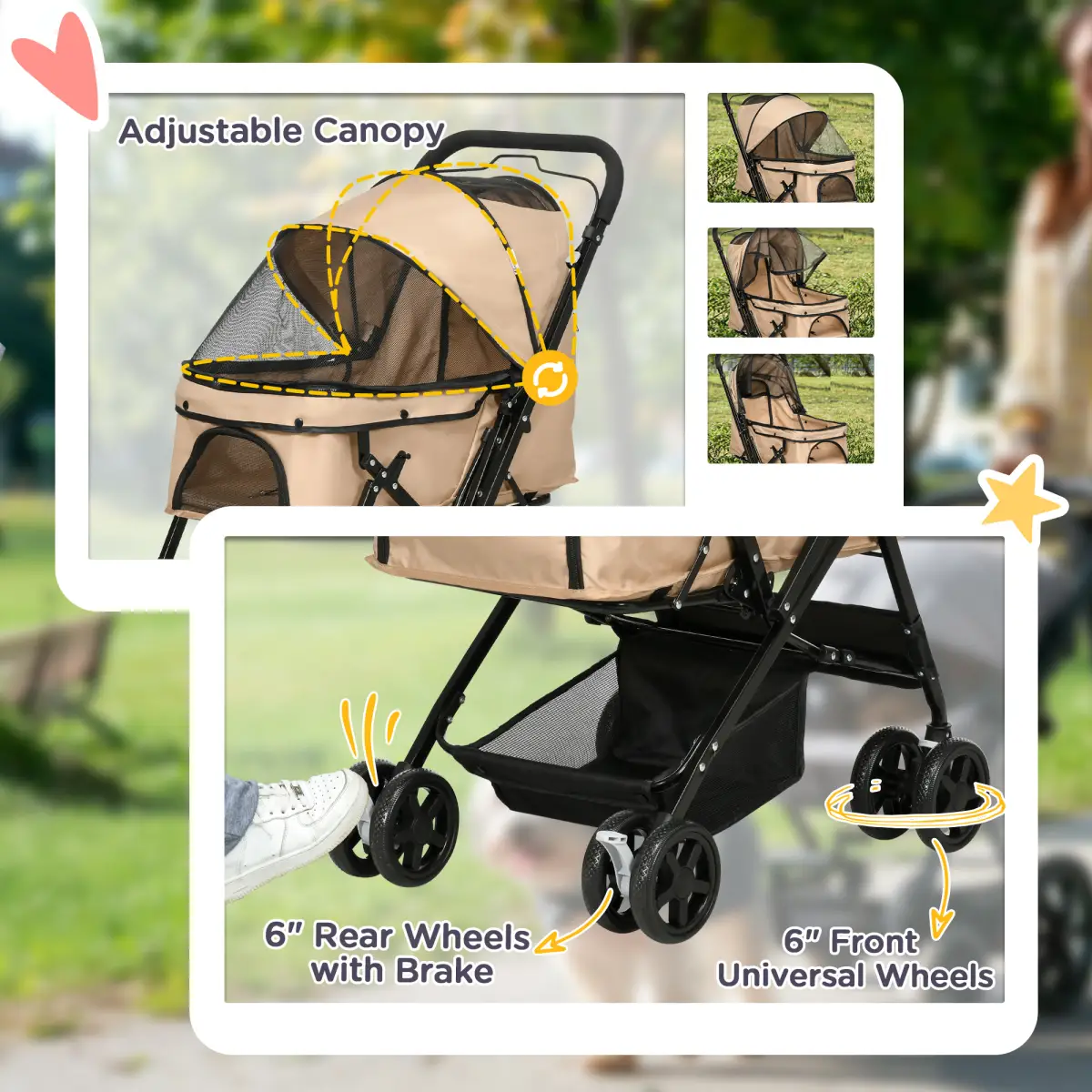PawHut Pet Stroller Dog Foldable Travel Carriage with Reversible Handle, Brown - Pet Carrier