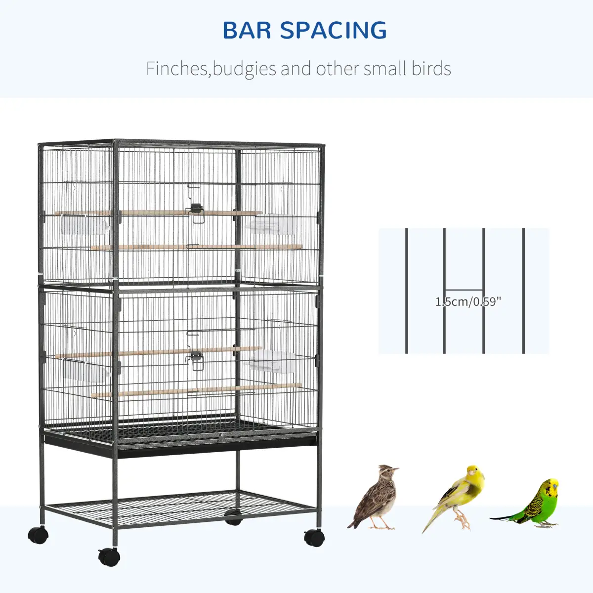 Unbranded Bird Cage Aviary for Budgies Canaries w/ Rolling Stand Slide-Out Tray, Grey - Bird Cage