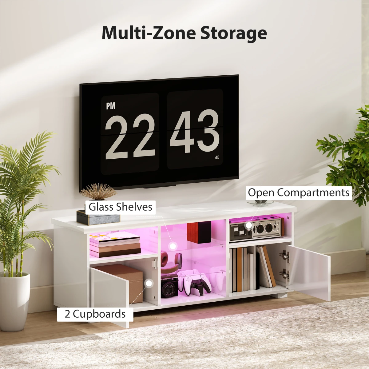 HOMCOM High Gloss TV Stand For 55in TV LED Lights RGB by HOMCOM