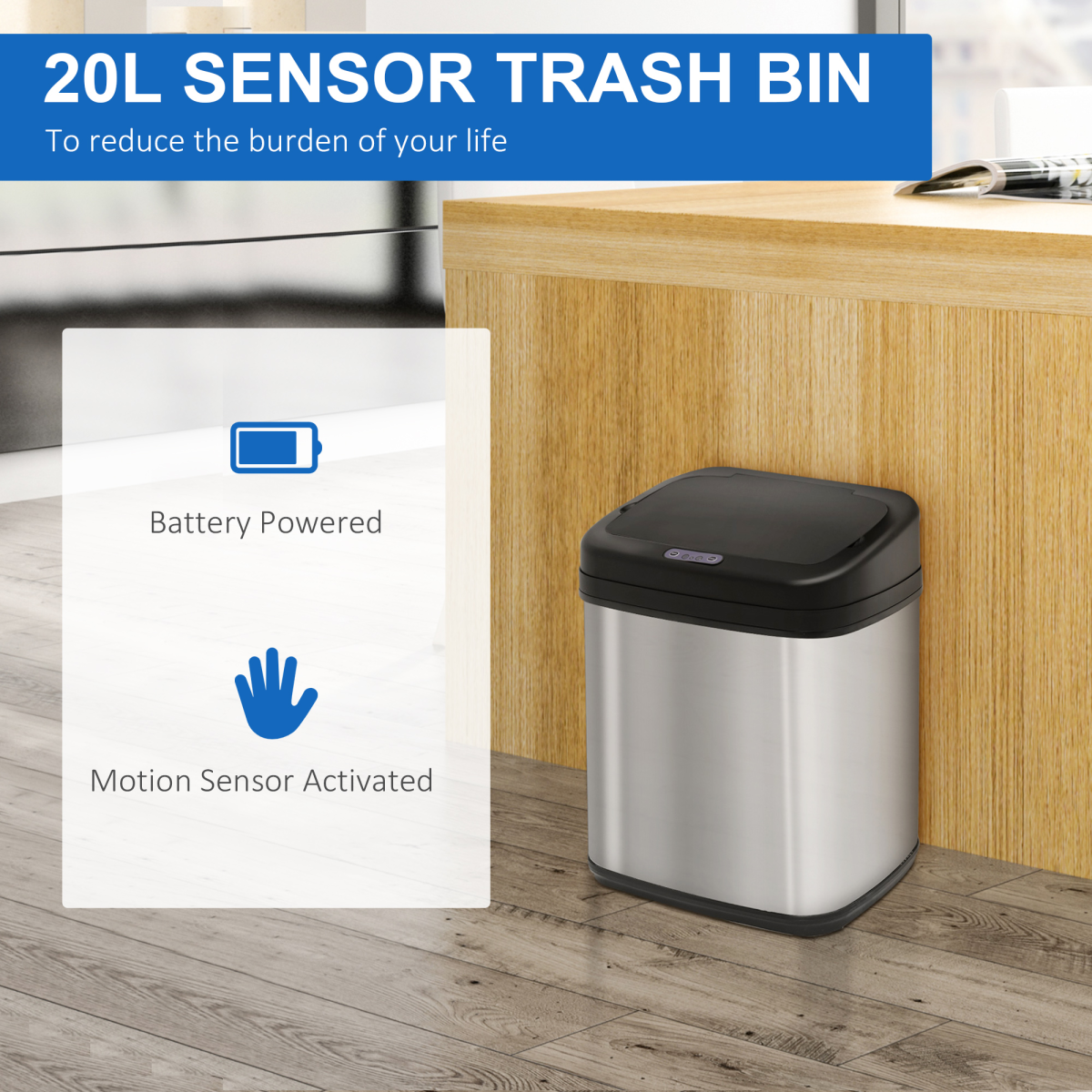 20L Stainless Steel Auto Kitchen Bin Sensor Bucket in L Size - from HOMCOM