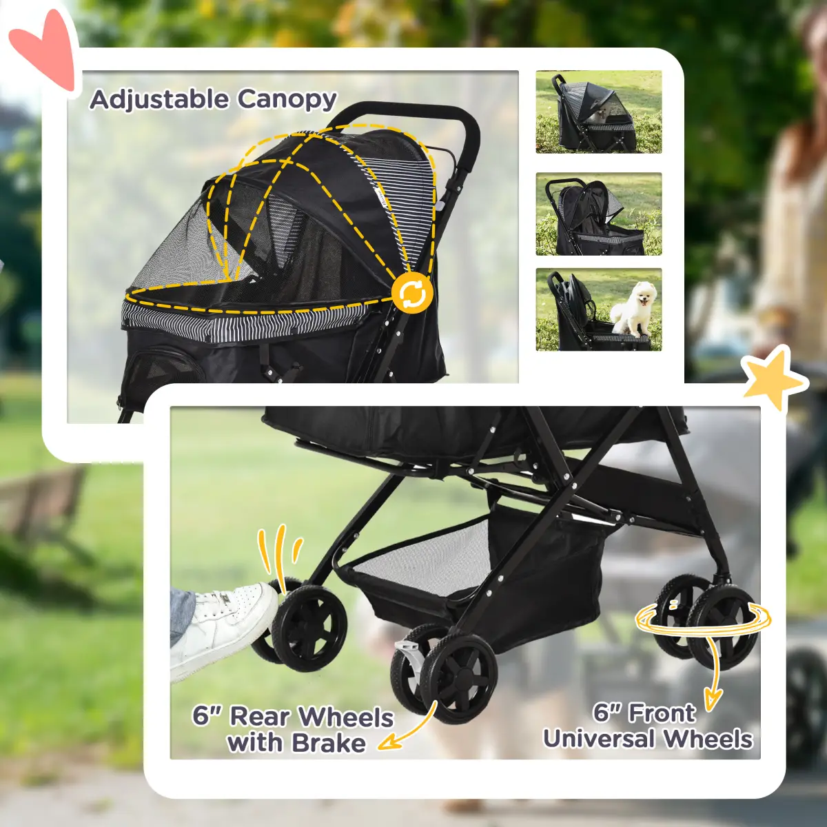 PawHut Pet Stroller Dog Foldable Travel Carriage with Reversible Handle, Black - Pet Carrier