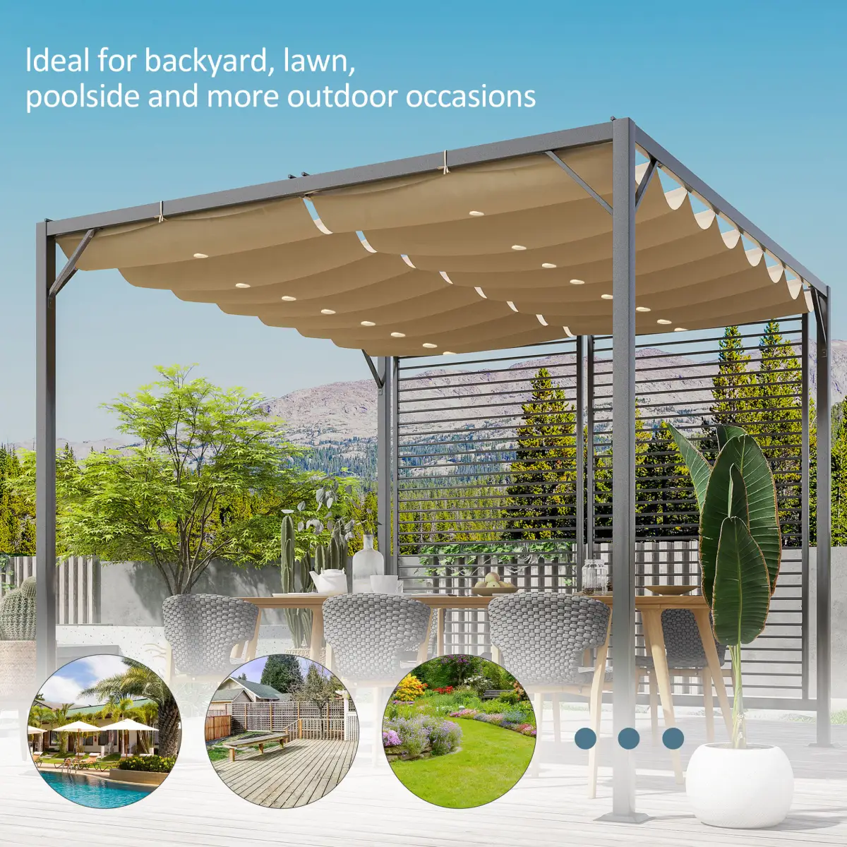 Outsunny Metal Pergola Patio Sun Shelter Grape Tent Retractable Canopy UV Cut - Gazebos