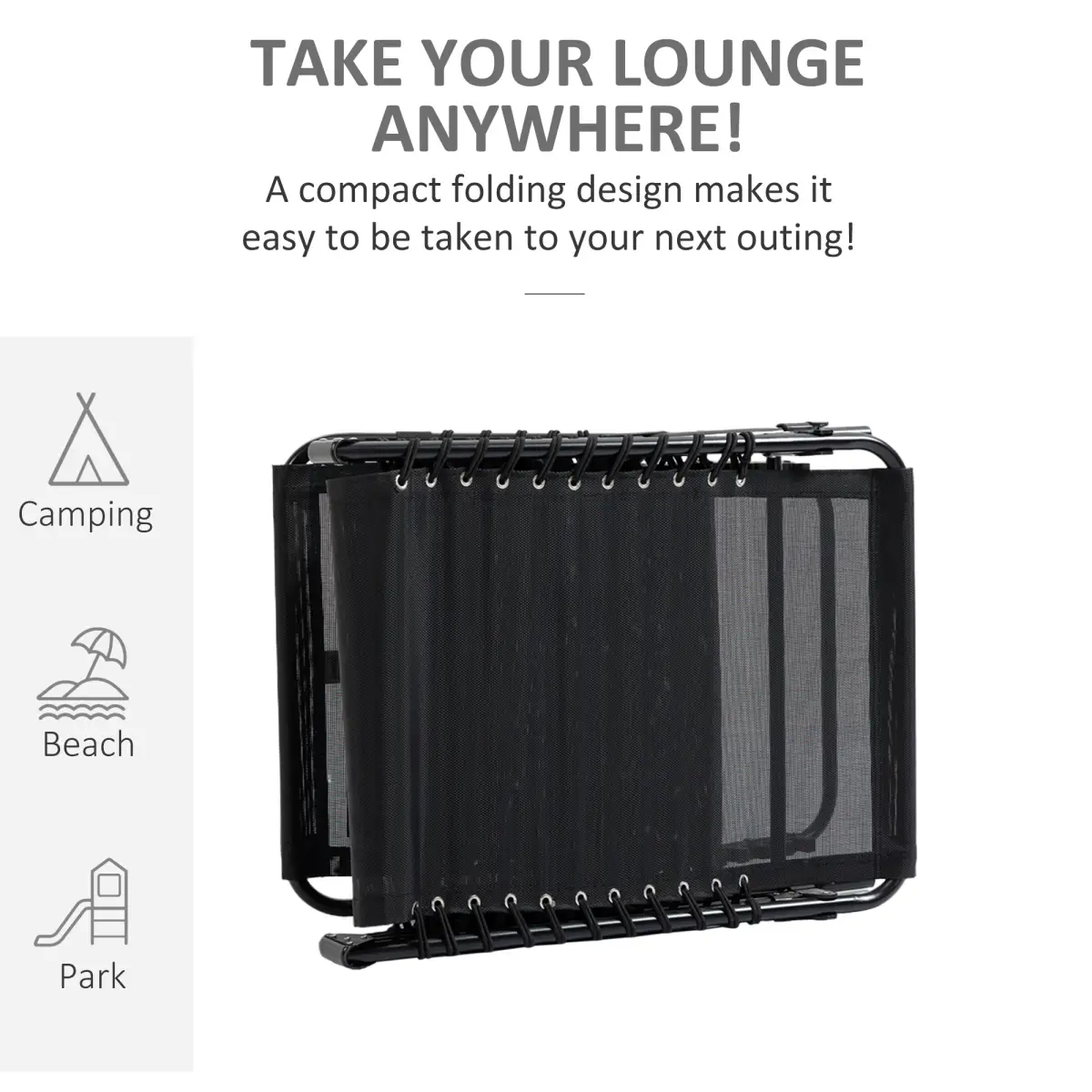 Outsunny Lounger Folding Reclining Camping Bed 5-position Adjustable Black - Sun Lounger