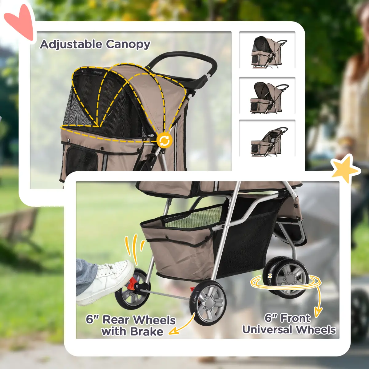 Unbranded Pet Stroller Pushchair Carrier for Cat Puppy with 3 Wheels Brown Pawhut - Pet Carrier