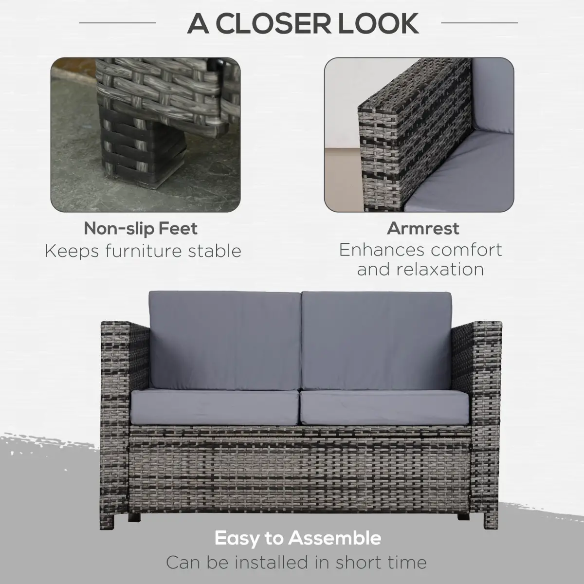 Outsunny Outsunny Rattan Wicker 2-seat Sofa Loveseat Padded Garden Furniture Grey - Garden Sofa Sets