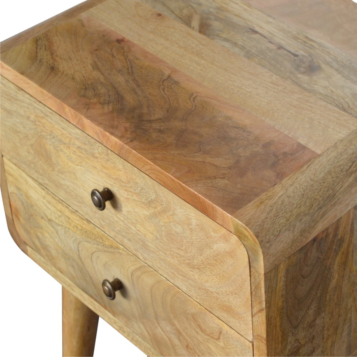 Artisan Furniture Artisan Bedside Table Solid Mango Wood Curved Edges Oak Finish Compact Size Two Drawer Nightstand For Bedroom - Bedside Table