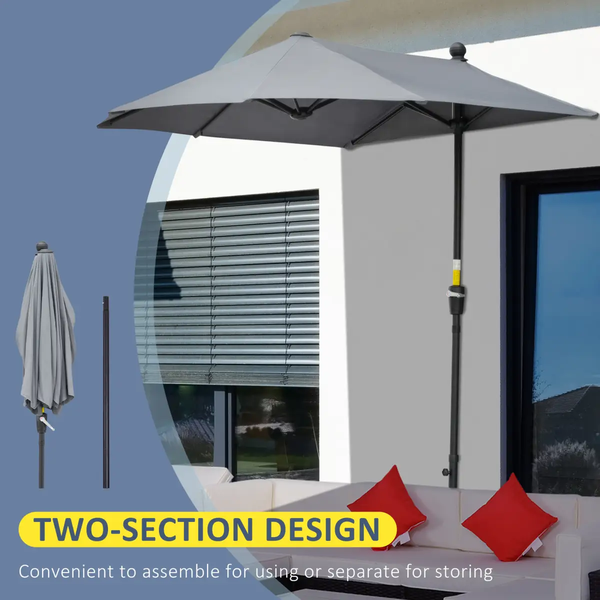 Outsunny Outsunny 2m Half Garden Parasol Market Umbrella w/ Crank Handle, Base Dark Grey - Parasol