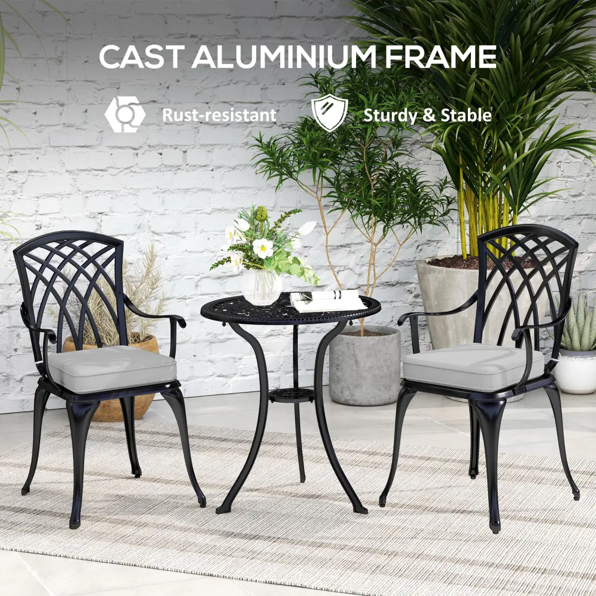 Outsunny Outsunny 3 PCs Aluminium Garden Coffee Table Set w/ Parasol Hole & Cushions - Garden Set