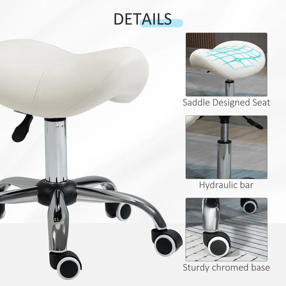 HOMCOM Saddle Stool Hydraulic Rolling Faux Leather Height Adjust Mobility Chair Cream - Bar Stool