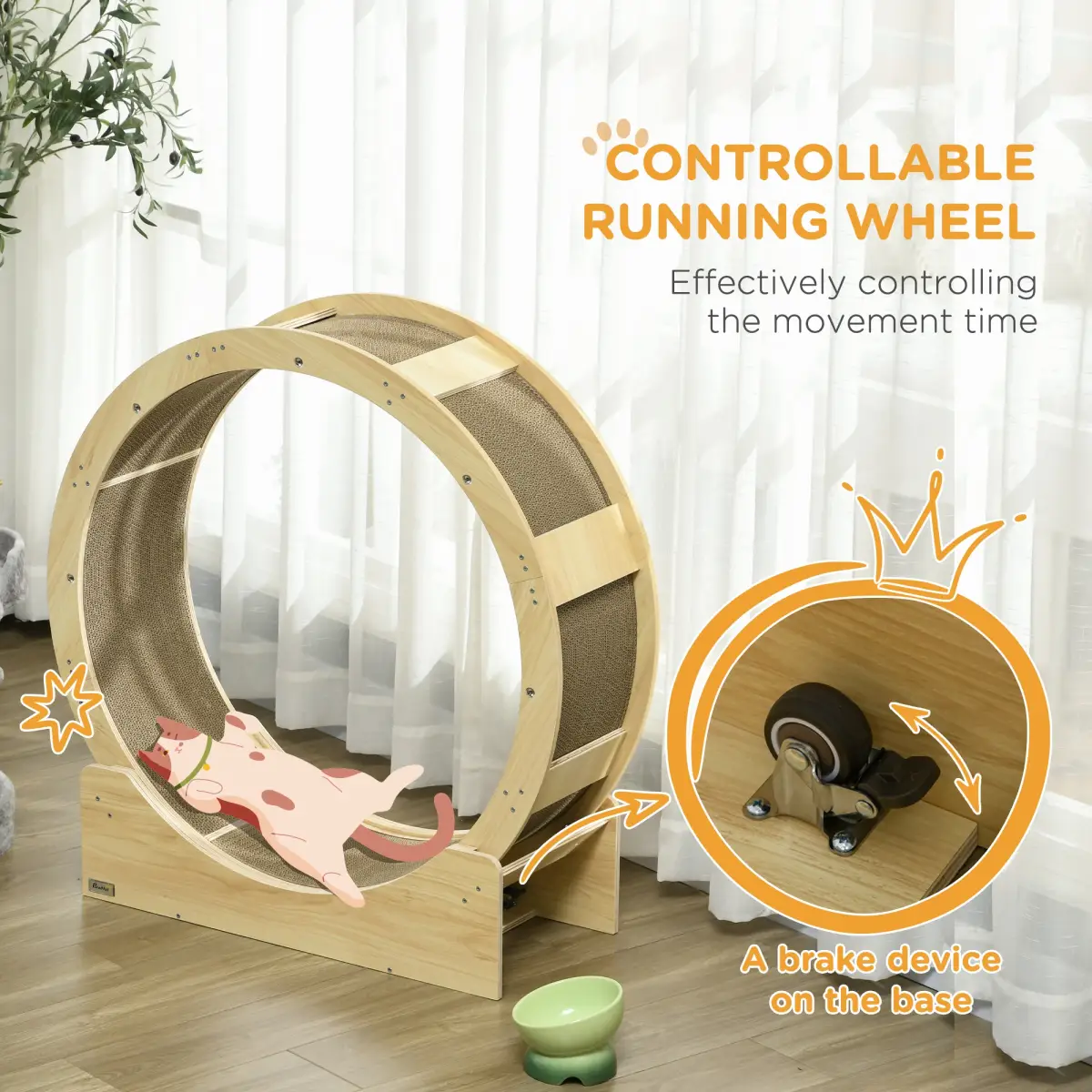 PawHut PawHut Cat Wheel with Brake, Scratching Pads for Health, Oak - Cat House