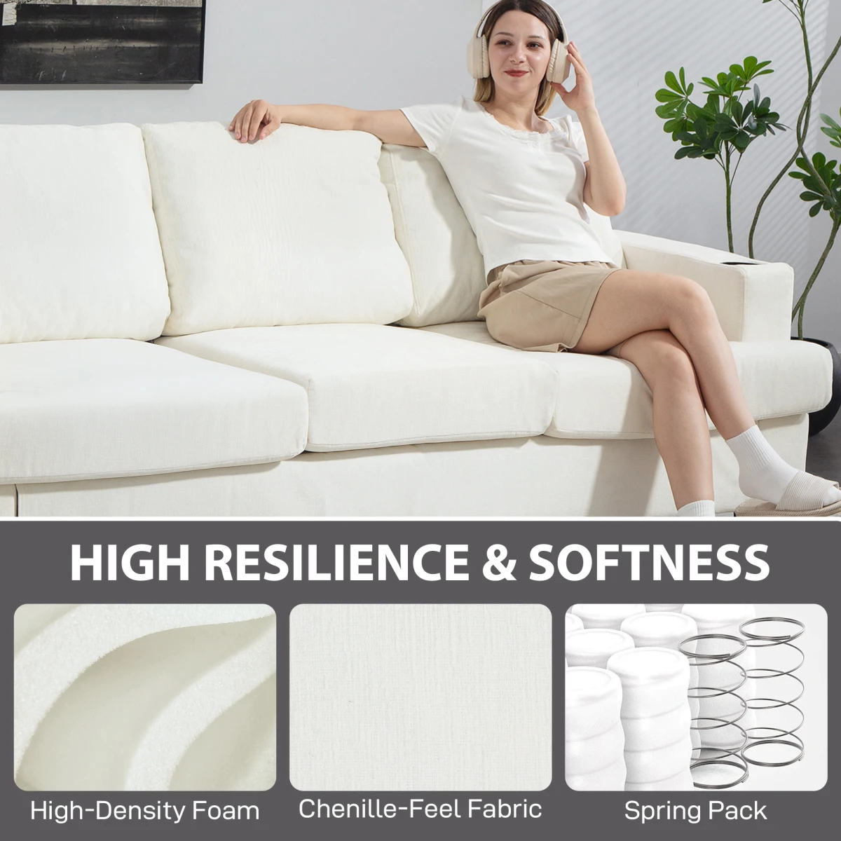 HOMCOM 3 Seater Sofa USB Ports Cup Holders For Home - Sofa