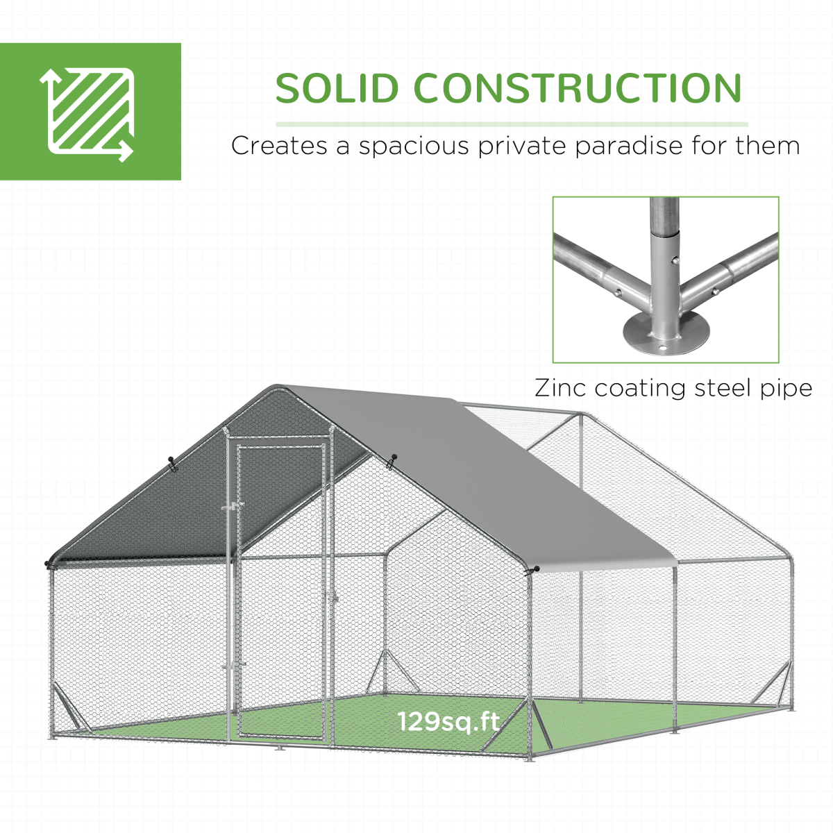 Walk In Chicken Run Large Galvanized Chicken Coop w/ Cover 3 x 4 x 2m Pawhut - from Unbranded