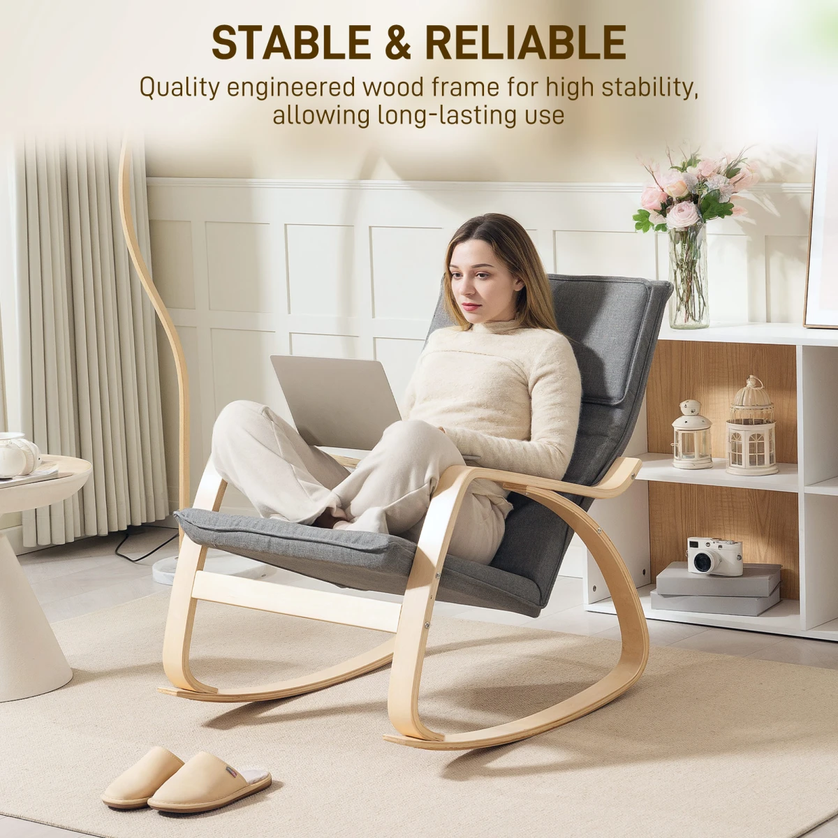 HOMCOM HOMCOM Rocking Chair Standard Size High Back with Headrest Linen Feel Grey for Living Room and Relaxation - Accent Chair