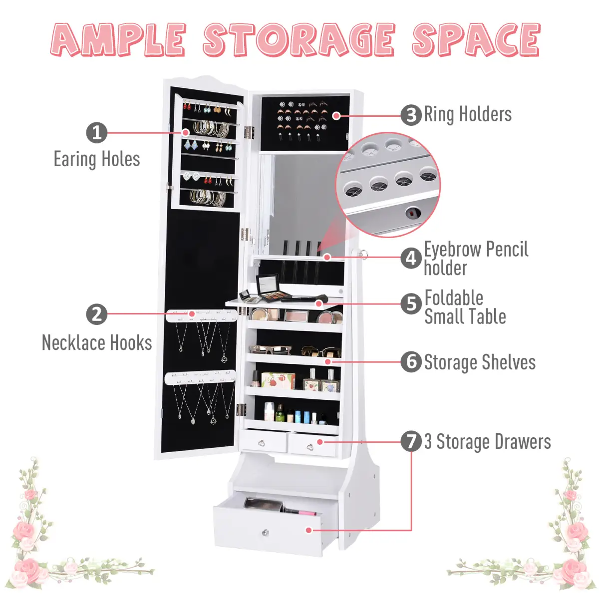 Unbranded Mirrored Jewelry Cabinet Armoire Floor Standing Lock, LED Light White - Display Cabinet