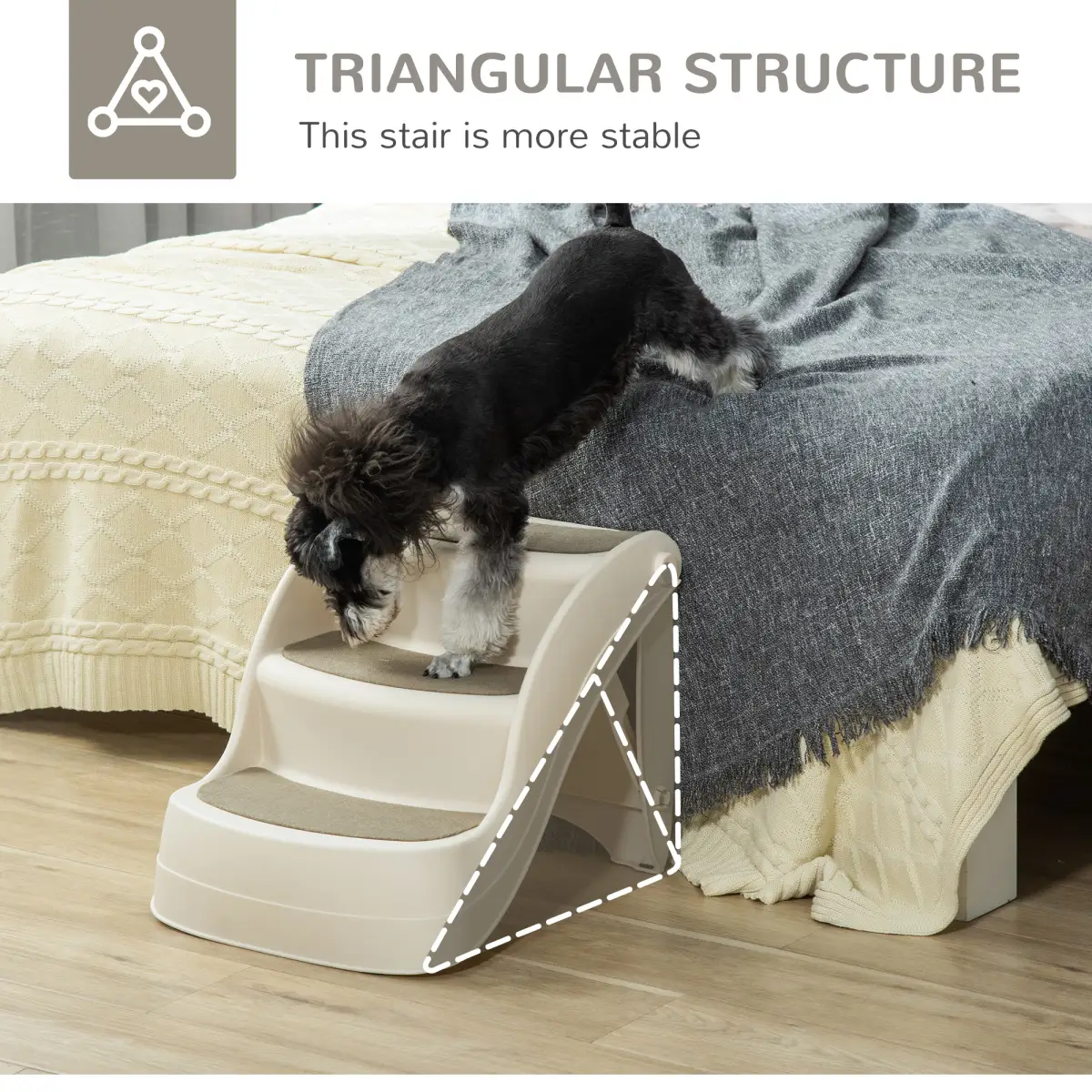 Pawhut Portable Dog Steps Non-slip Pet Stairs 3-Step Design for High Beds Sofas, Cream - Dog Steps