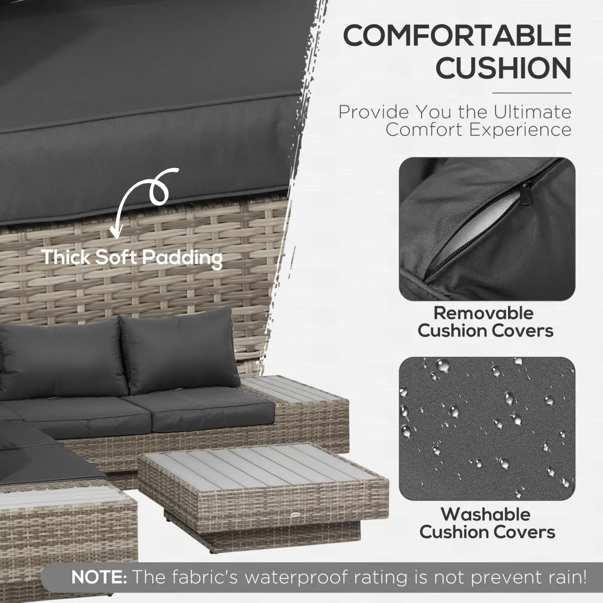 Outsunny 5-Seater Rattan Sectional Corner Sofa Table Set Cushions - Light Grey - Garden Sofa Sets