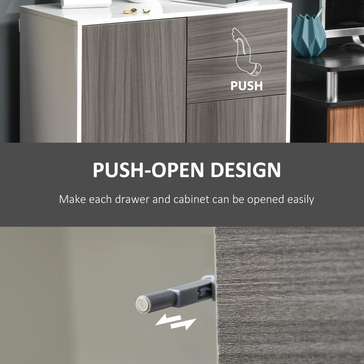 HOMCOM Premium Side Cabinet Compact Two Doors Two Drawers Glossy Top Matte Front Grey For Home Office - Sideboard