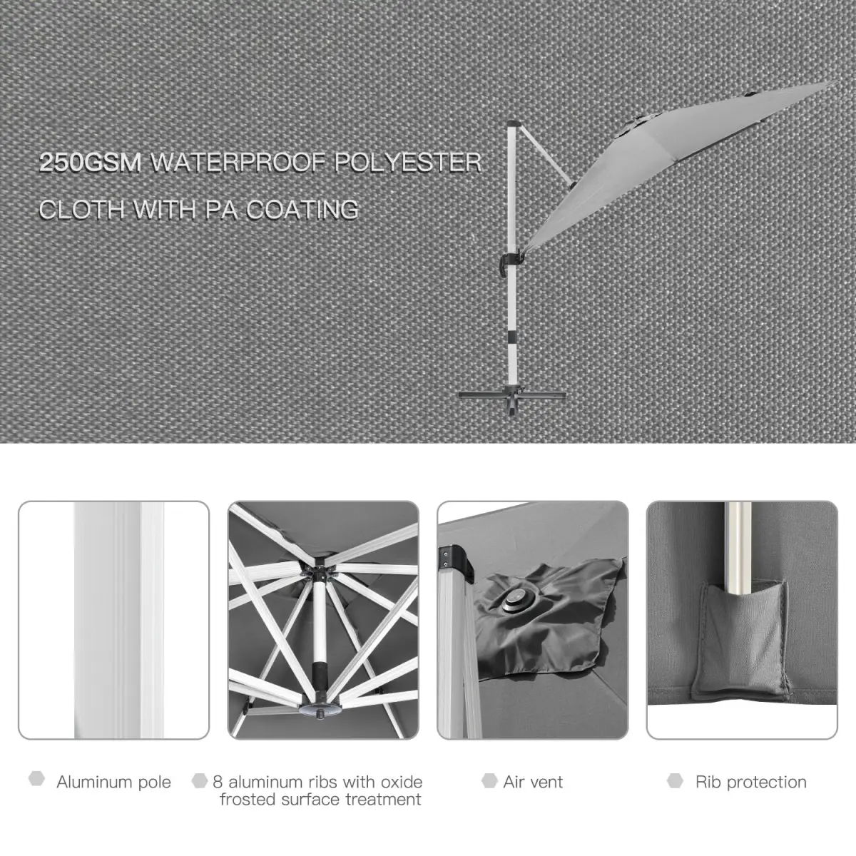 Outsunny 3 x 3(m) Cantilever Roma Parasol Garden Umbrella with Cross Base Grey - Parasol