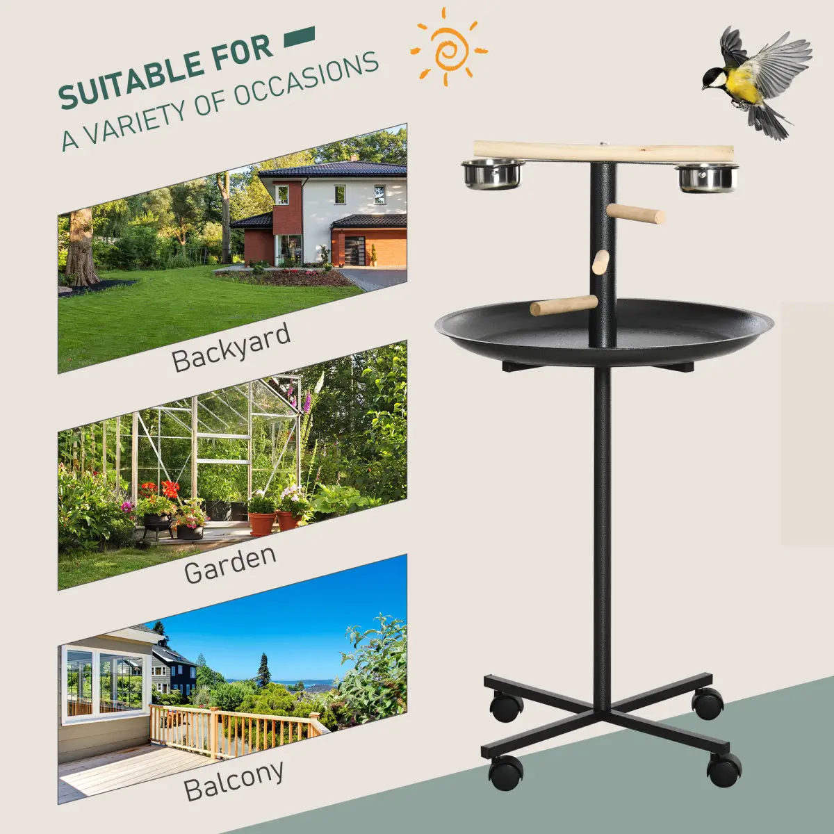 Pawhut Bird Play Stand Portable Feeder Station w/ Wooden Perches, Stainless Steel Bowls - Bird Feeder