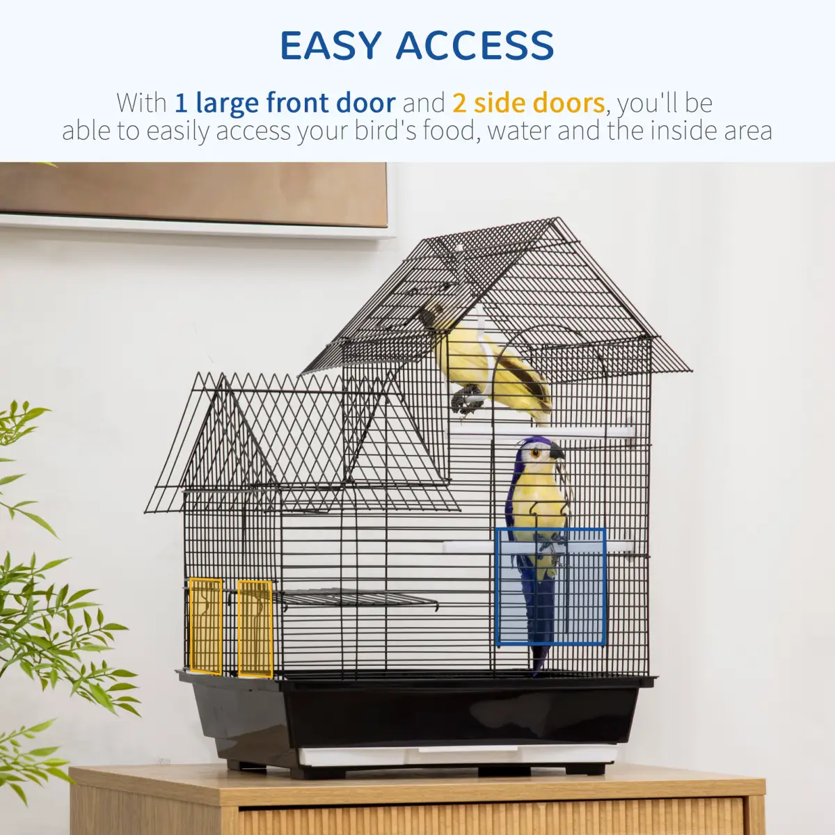PawHut Metal Bird Cage w/ Plastic Perch, Food Container, Swing Ring, Handle - Black - Bird Cage