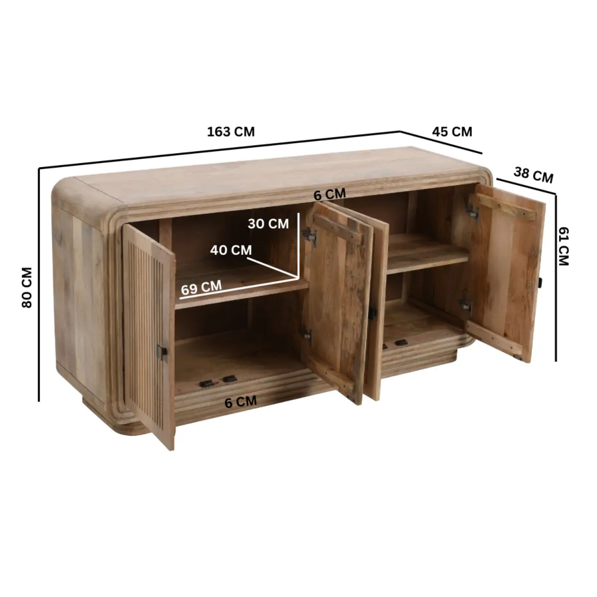 Indian Hub Hudson Carved Mango Wood 4 Doors Large Sideboard - Sideboard
