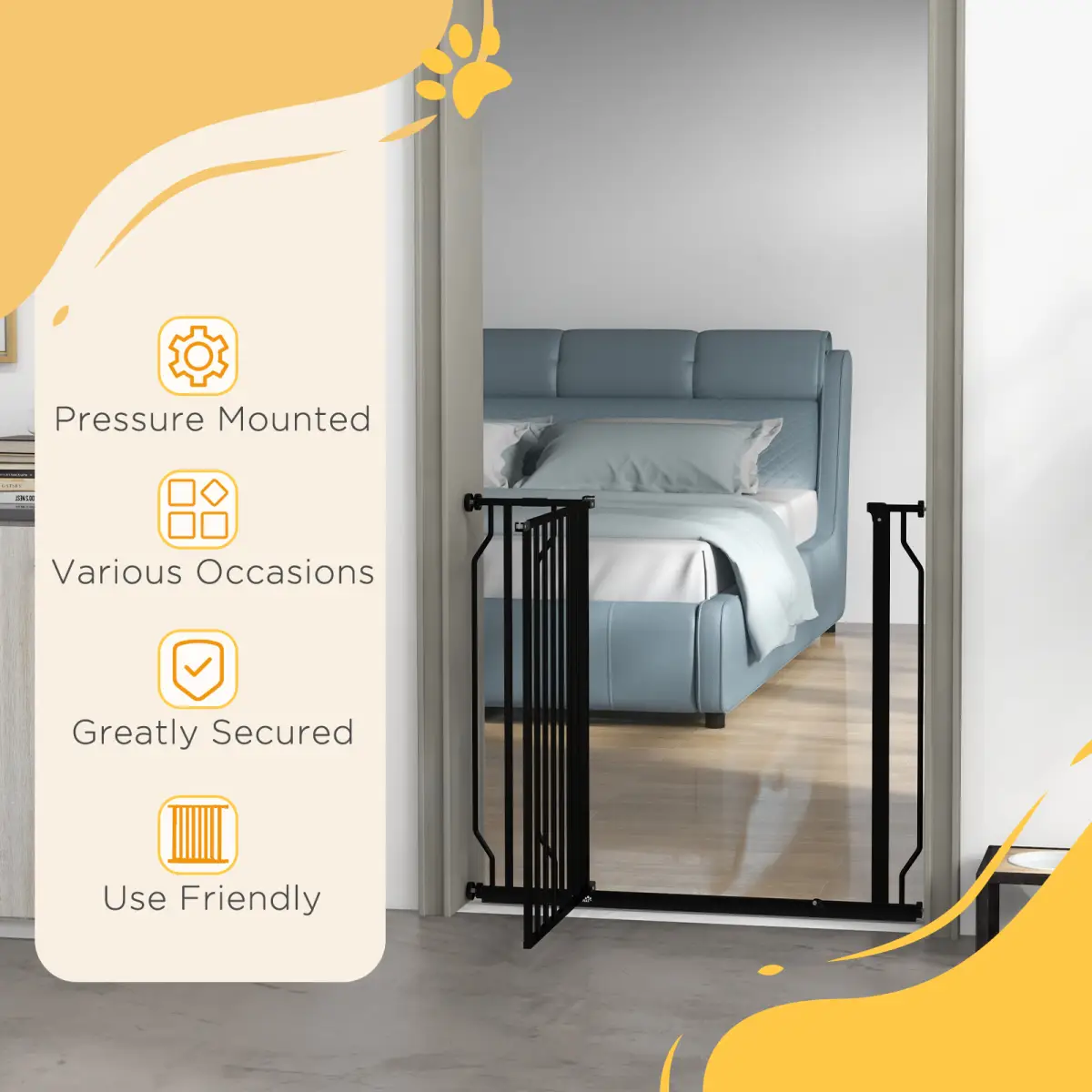 PawHut PawHut Dog Gate Wide Stair Gate with Door Pressure Fit, 75-95W cm, Black - Pet Gate