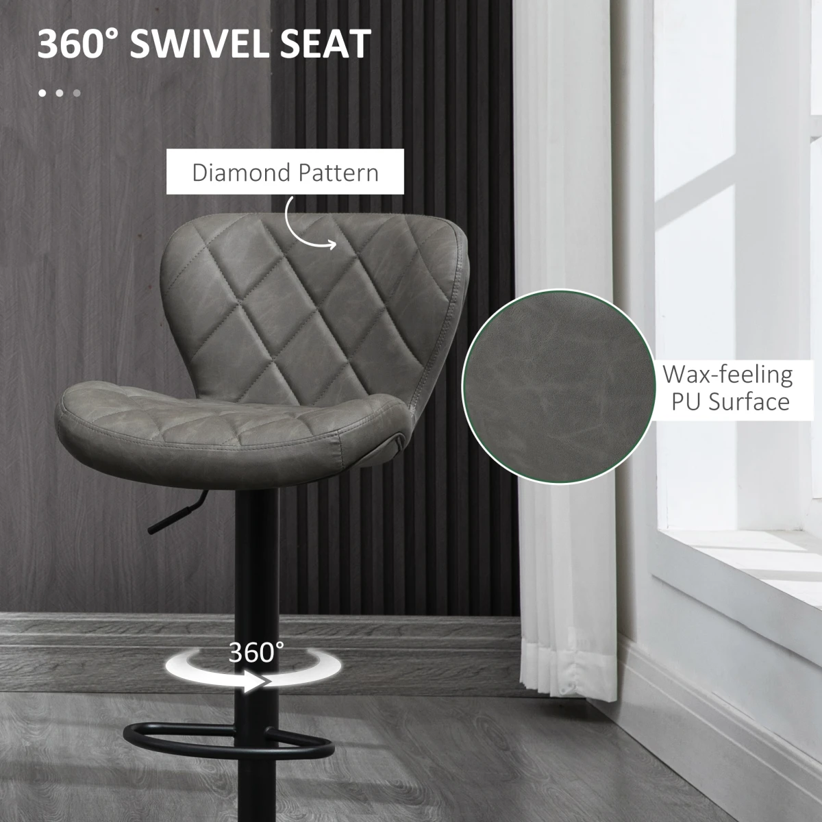 HOMCOM Adjustable Height Bar Stools 91 to 112 cm Swivel Faux Leather Diamond Stitching Home Office Set Of 2 by HOMCOM