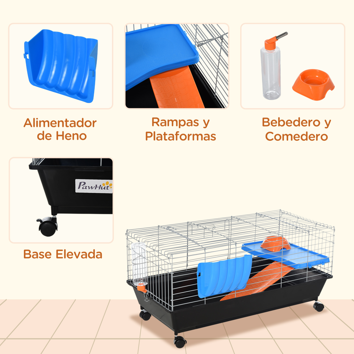 89cm Small Animal Home Cage for Rabbit Ferret Chinchilla w/ Wheels Black - from Pawhut
