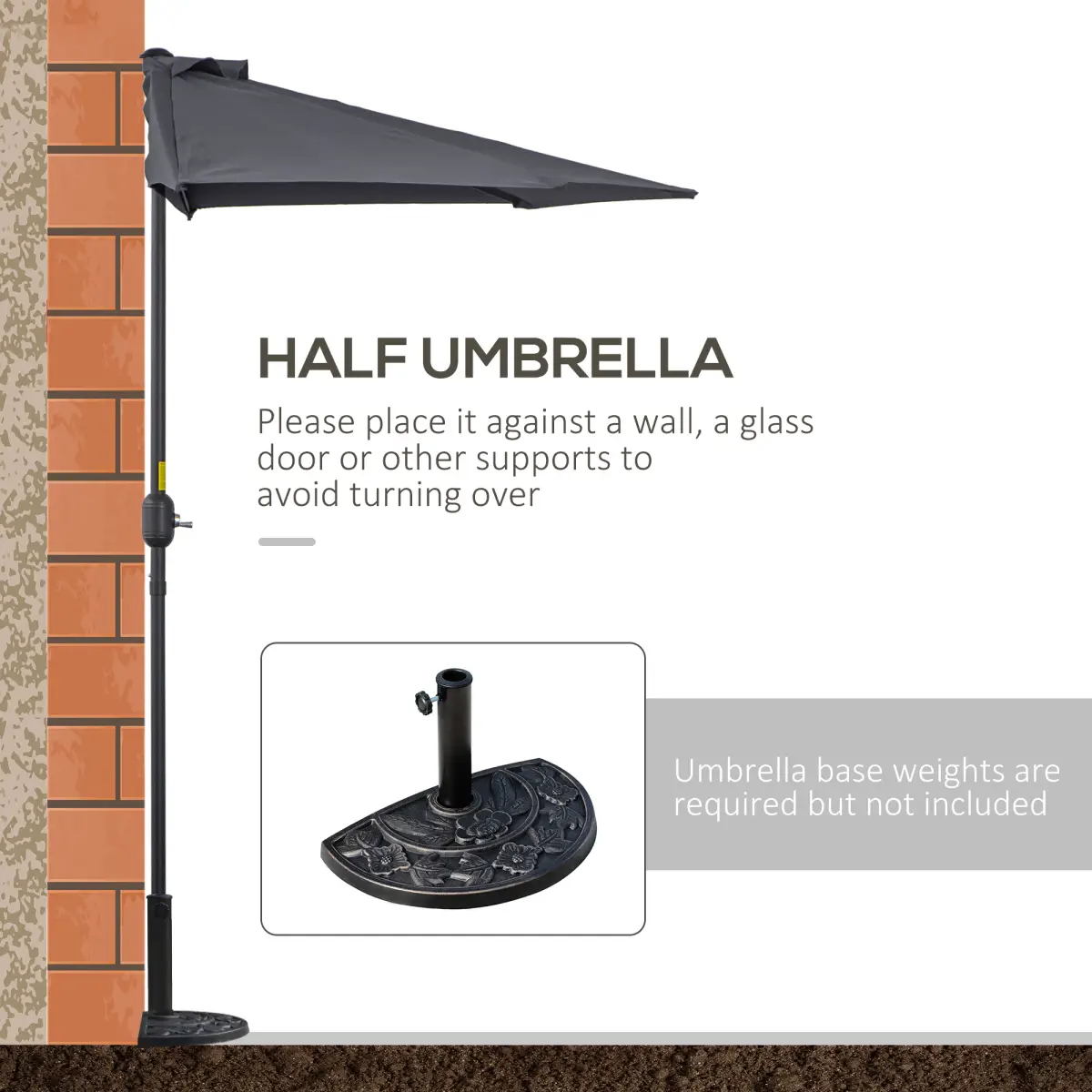 Outsunny 3 m Half Round Umbrella Parasol-Grey Polyester/Aluminum - Parasol