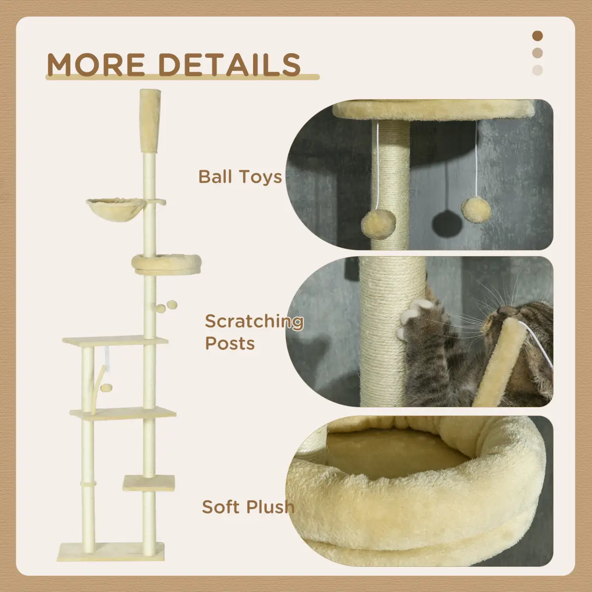 PawHut 6-Tier Floor to Ceiling Cat Tree with Scratching Post, Bed, Hammock, Beige - Cat Tree