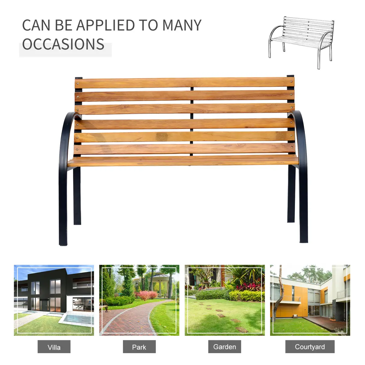 Outsunny Garden Bench, 122Lx60Wx80H cm-Steel/Wood - Garden Chairs