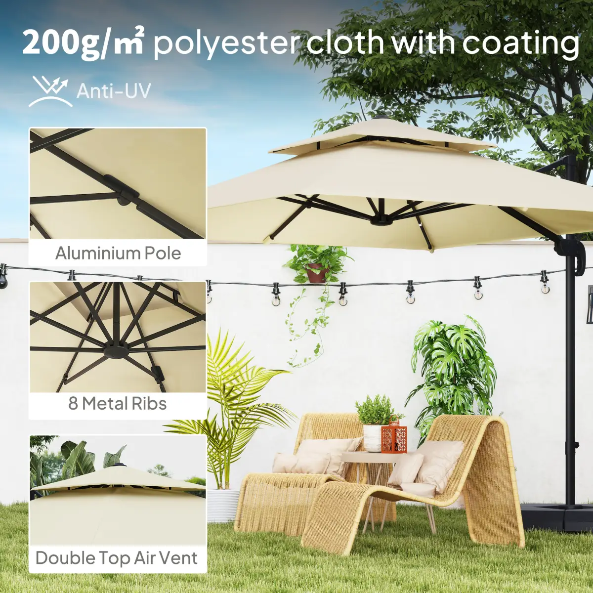Outsunny Outsunny 360° Cantilever Parasol Roma Umbrella w/ Base Weights, Khaki - Parasol