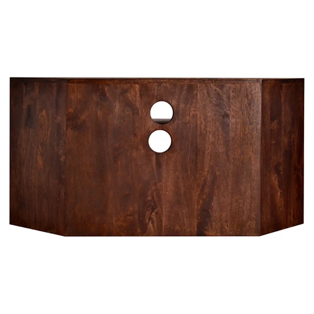 Contemporary Corner TV Unit In Dark Mango Finish, Sustainable Mango Wood, Fully Assembled, Open Shelves And 4 Drawers