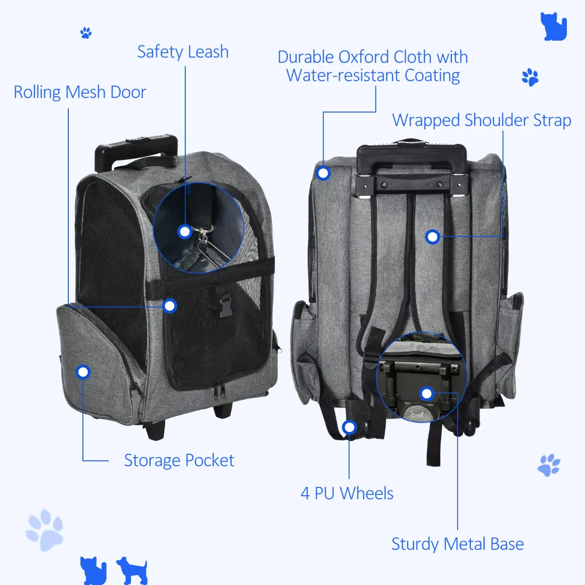 Pawhut Pet Travel Backpack Bag Cat Dog Carrier w/ Trolley and Telescopic Wheel Grey - Pet Carrier