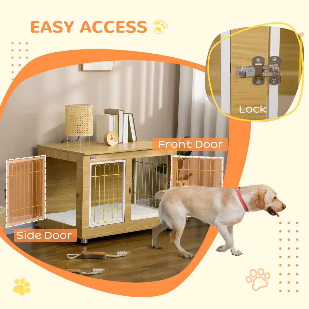 PawHut Dog Crate Furniture, Dog Crate End Table w/ Soft Cushion, Double Door - Oak Tone - Dog Crate