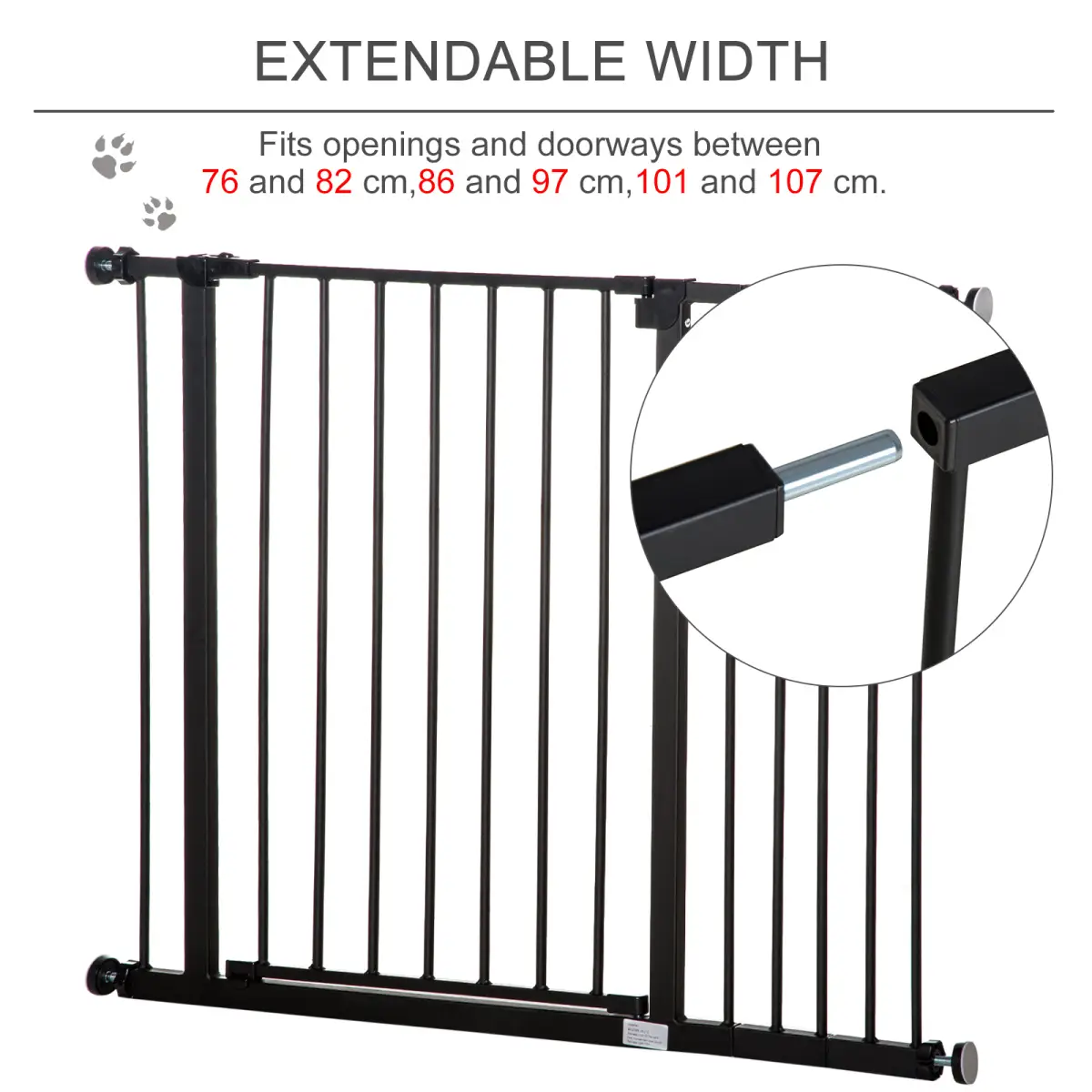 Pawhut Pressure Fit Dog Gate Pet Barrier for stairs doorway, 76-107cm Width Black - Pet Gate