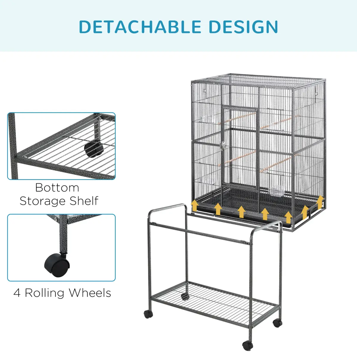 Pawhut Rolling Bird Cage w/ Detachable Stand, Storage Shelf, Wood Perch, Food Container - Bird Cage