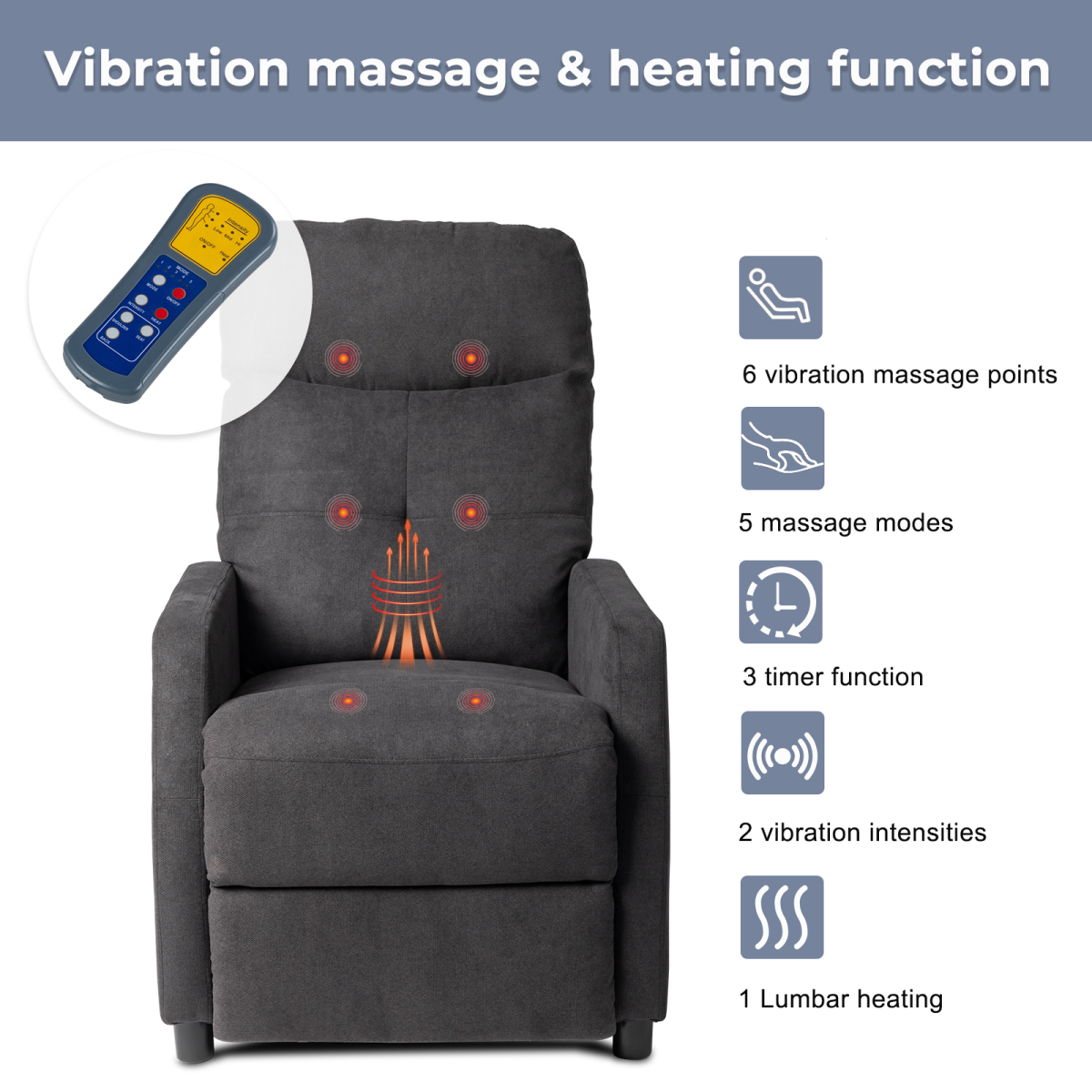 Fabric With 6-Point Massage Heating Function Electric Recliner Black - from N/A