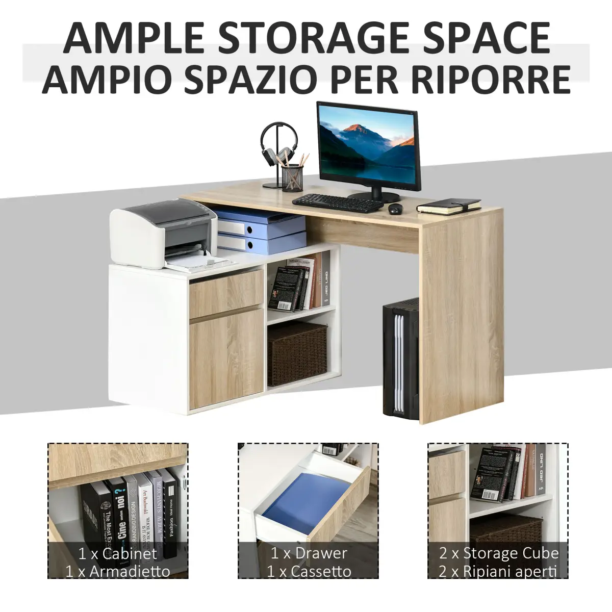 HOMCOM L-Shaped Corner Computer Desk Oak and White - Desk