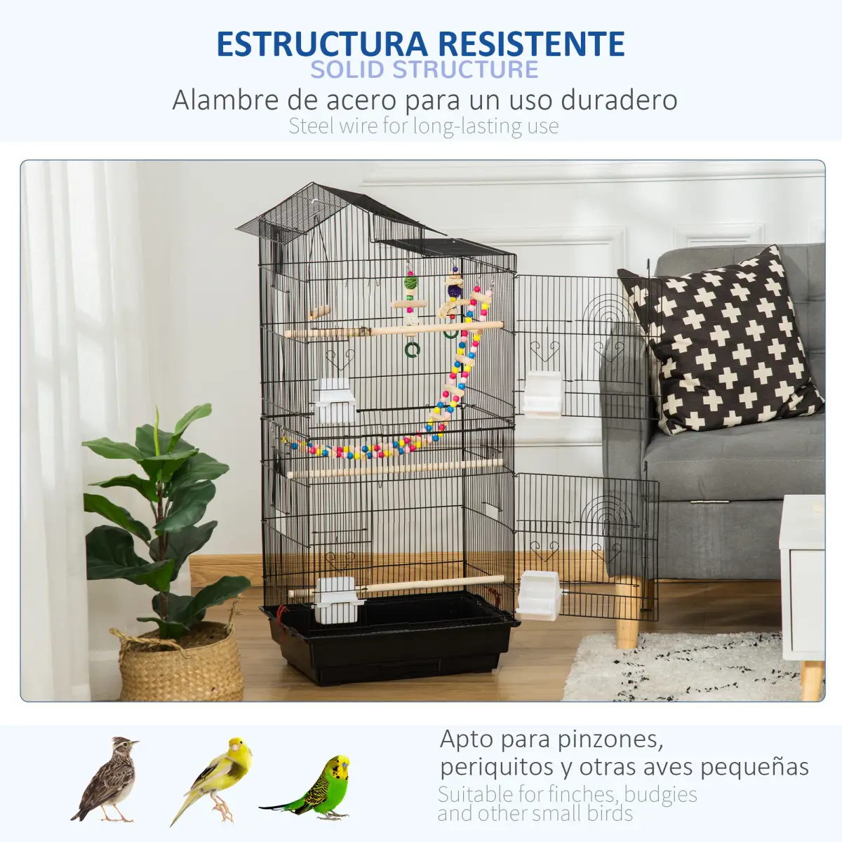 Unbranded Metal Bird Cage for Budgies, Finches w/ Accessories, Toys, Tray, Handle - Black - Bird Cage