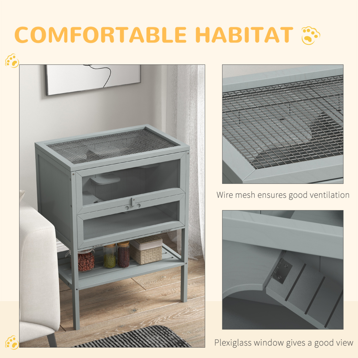 PawHut Wooden Hamster Cage w/ Storage Shelf, Openable Top for Gerbils, Grey - from PawHut
