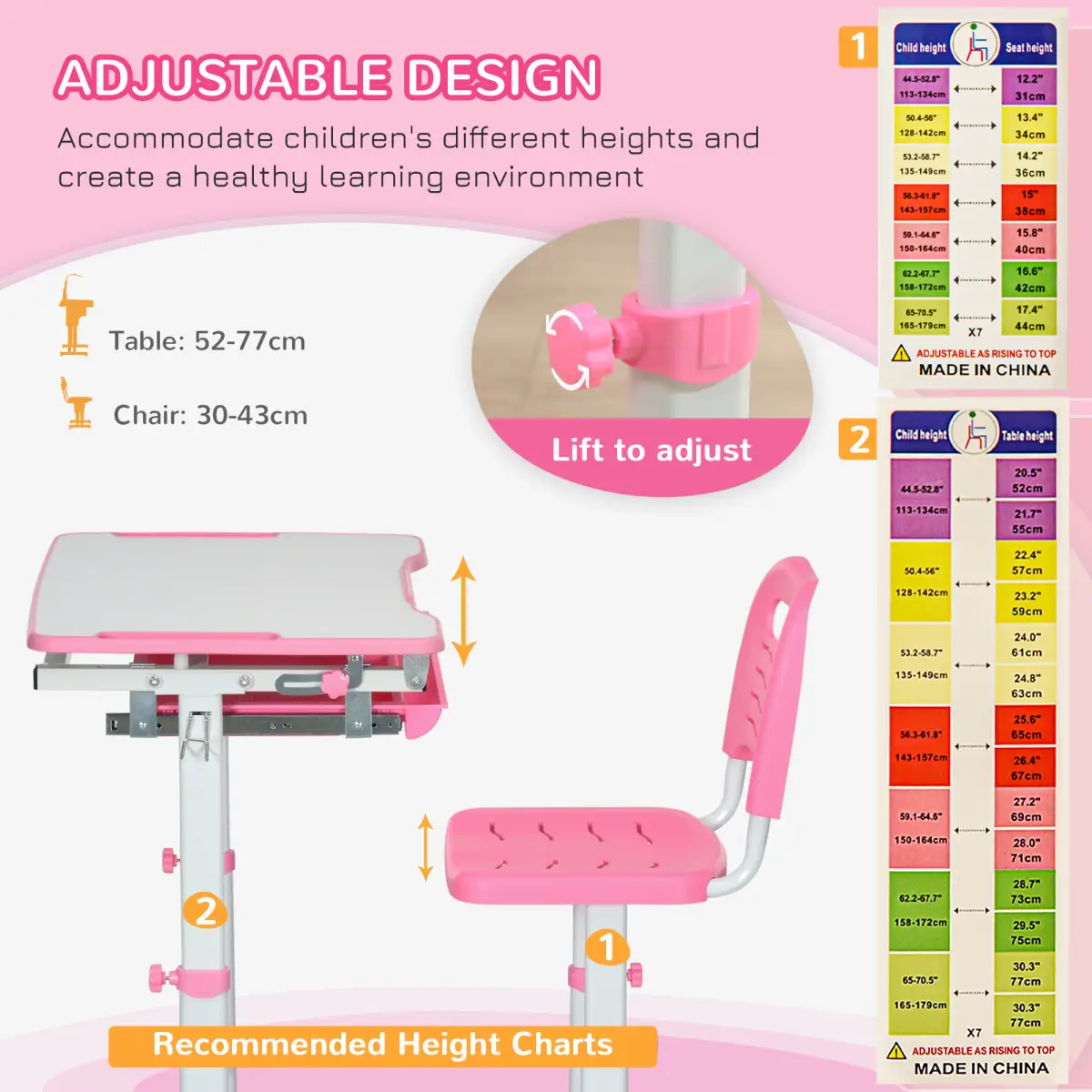 HOMCOM Kids Desk and Chair Set, Height Adjustable Desk with Drawer, Pen Slot, Hook - Desk
