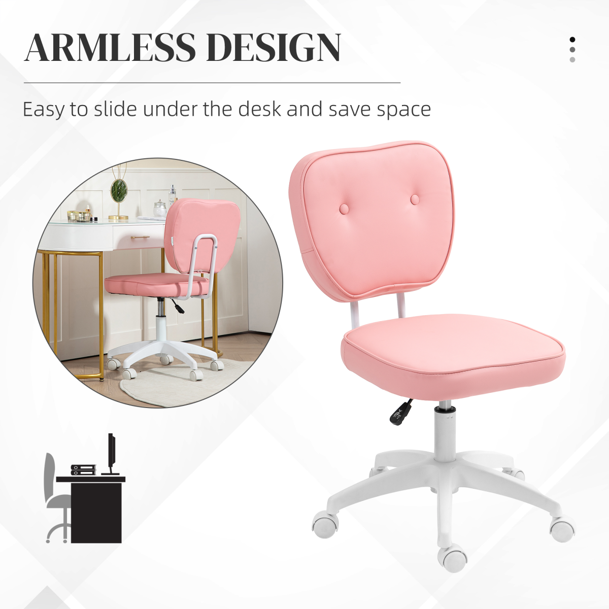 Vinsetto Vanity Office Chair, PU Leather Computer Chair for Home, with Adjustable Height, Armless, Swivel Wheels, Pink - from Vinsetto
