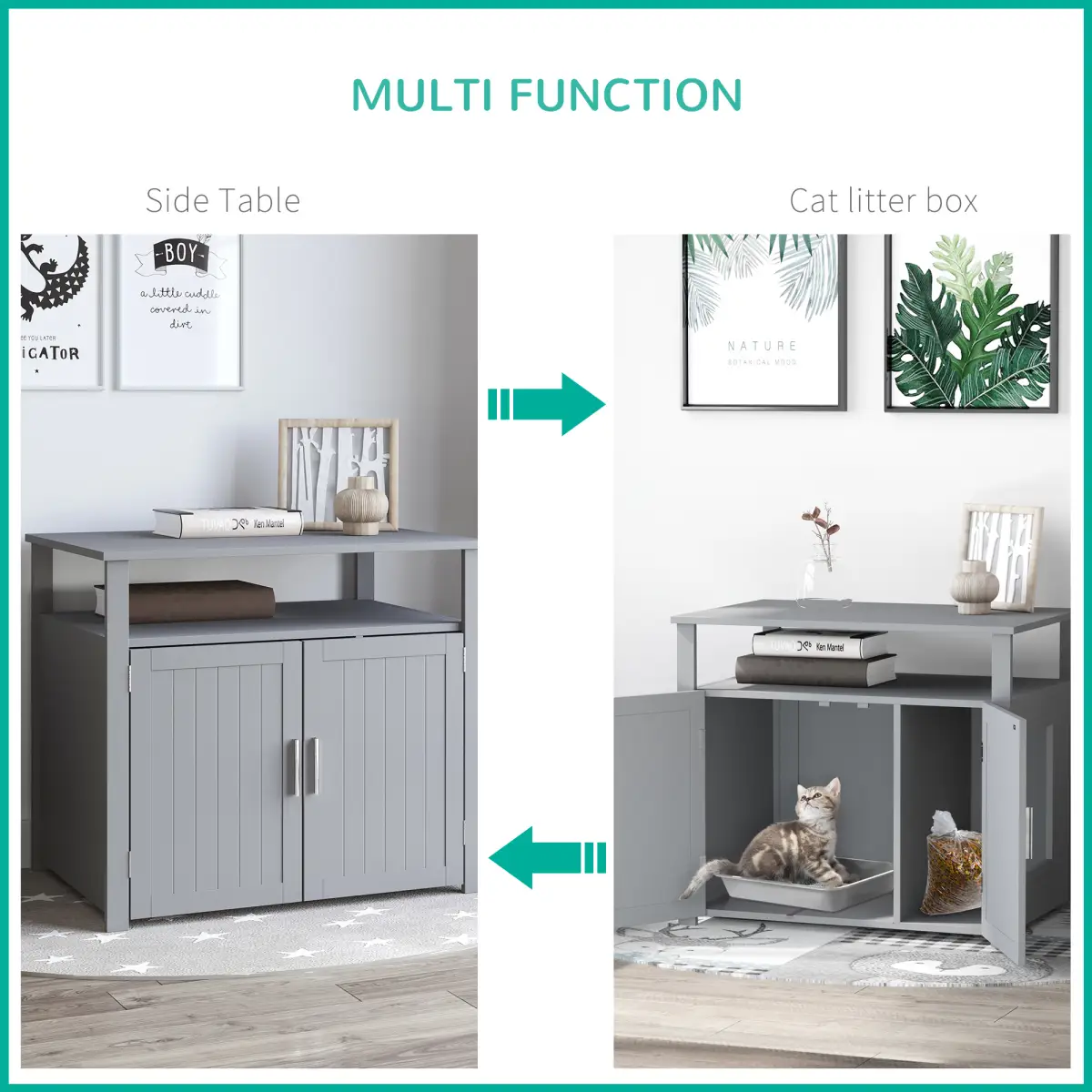 Wood Cat Litter Box Enclosure Furniture Adjustable Interior Wall Grey Pawhut - Cat Litter