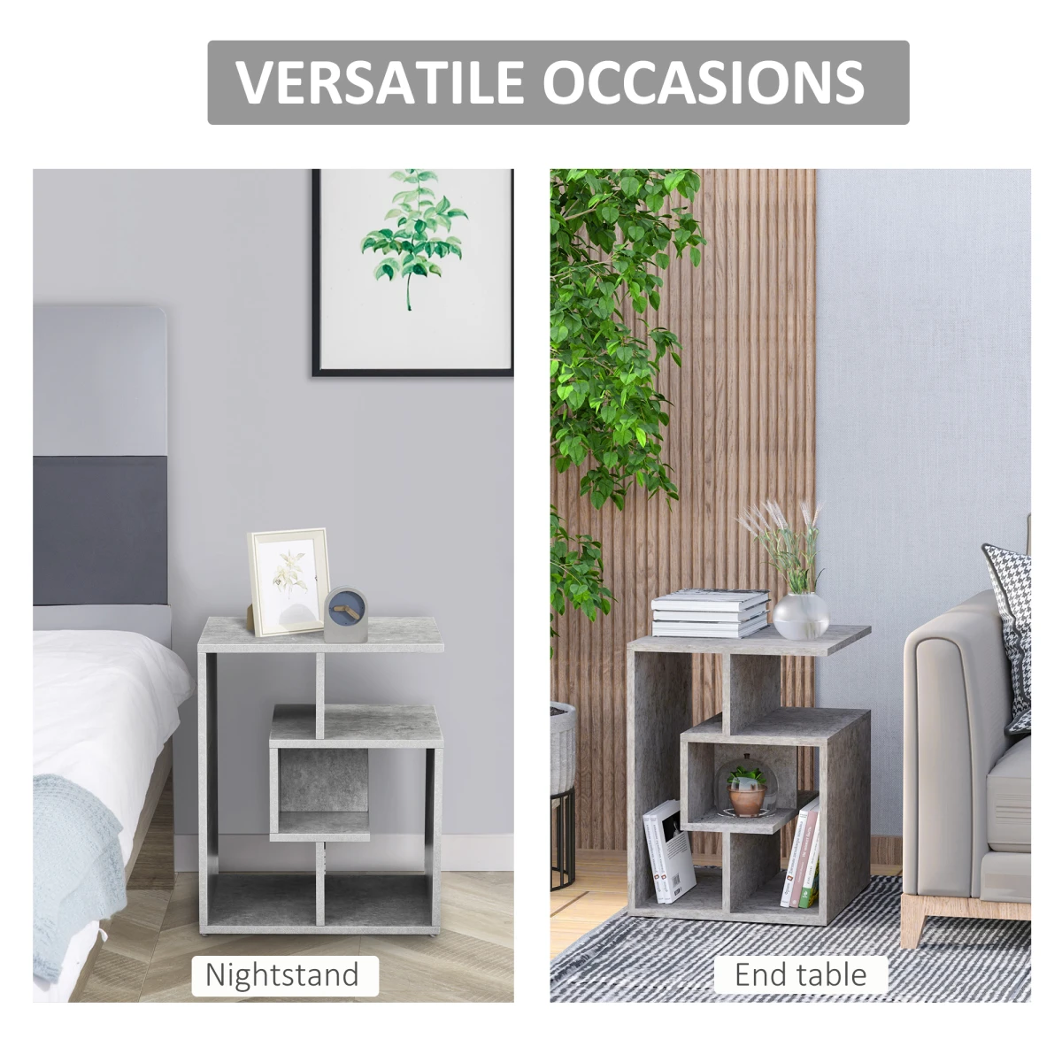 Premium Three-Tier Side End Table With Open Shelves For Living Room and Home Office Storage Organizer In Grey