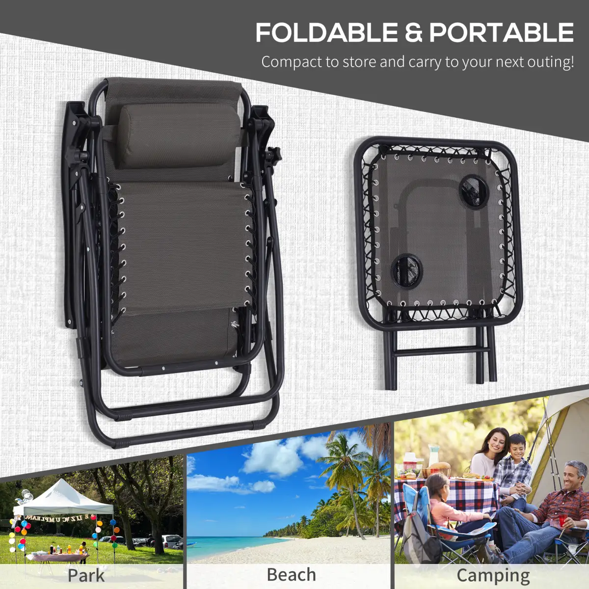 Unbranded 3PC Zero Gravity Chairs Sun Lounger Table Set Cup Holders Dark Grey Outsunny - Garden Set