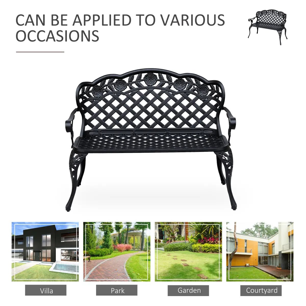 Outsunny Garden Bench, Cast Aluminium, 107Lx58Wx85H cm-Black - Garden Chairs